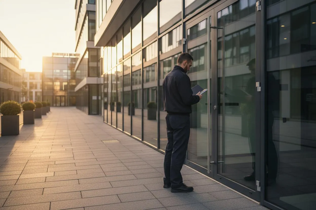 Sicherheitsmitarbeiter prüft beim Kontrollgang die Eingangstür eines modernen Bürogebäudes im Abendlicht