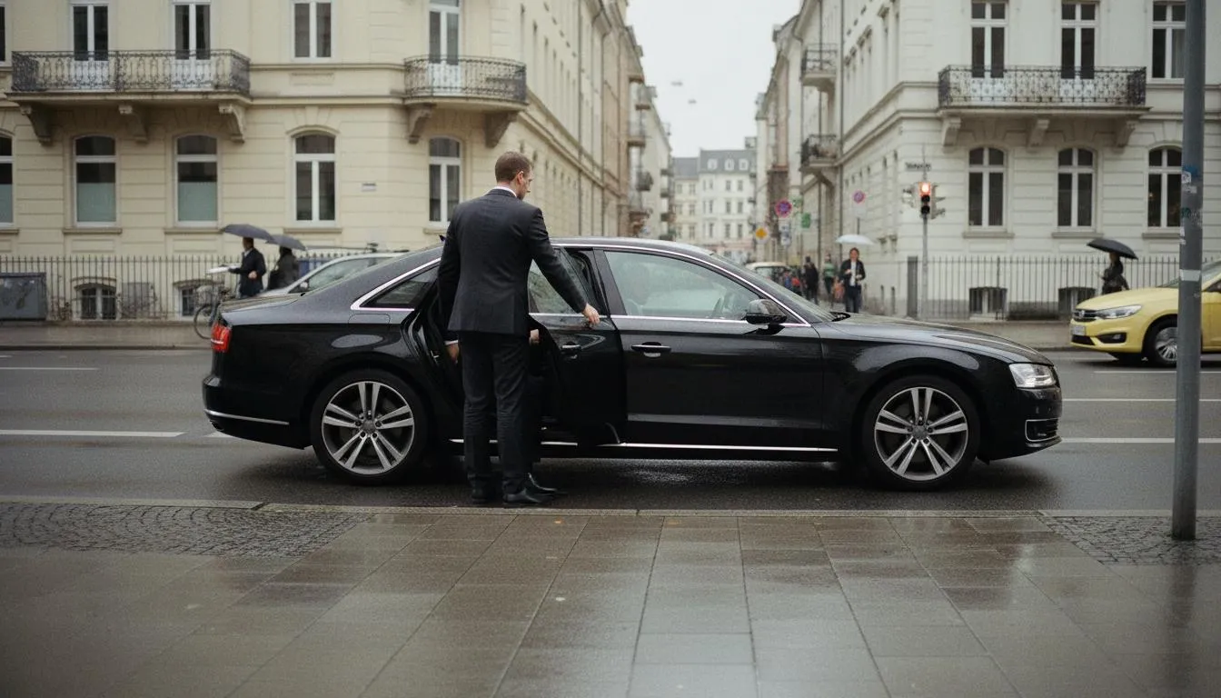 Personenschützer öffnet die Tür einer dunklen Limousine in urbaner Umgebung bei Nacht
