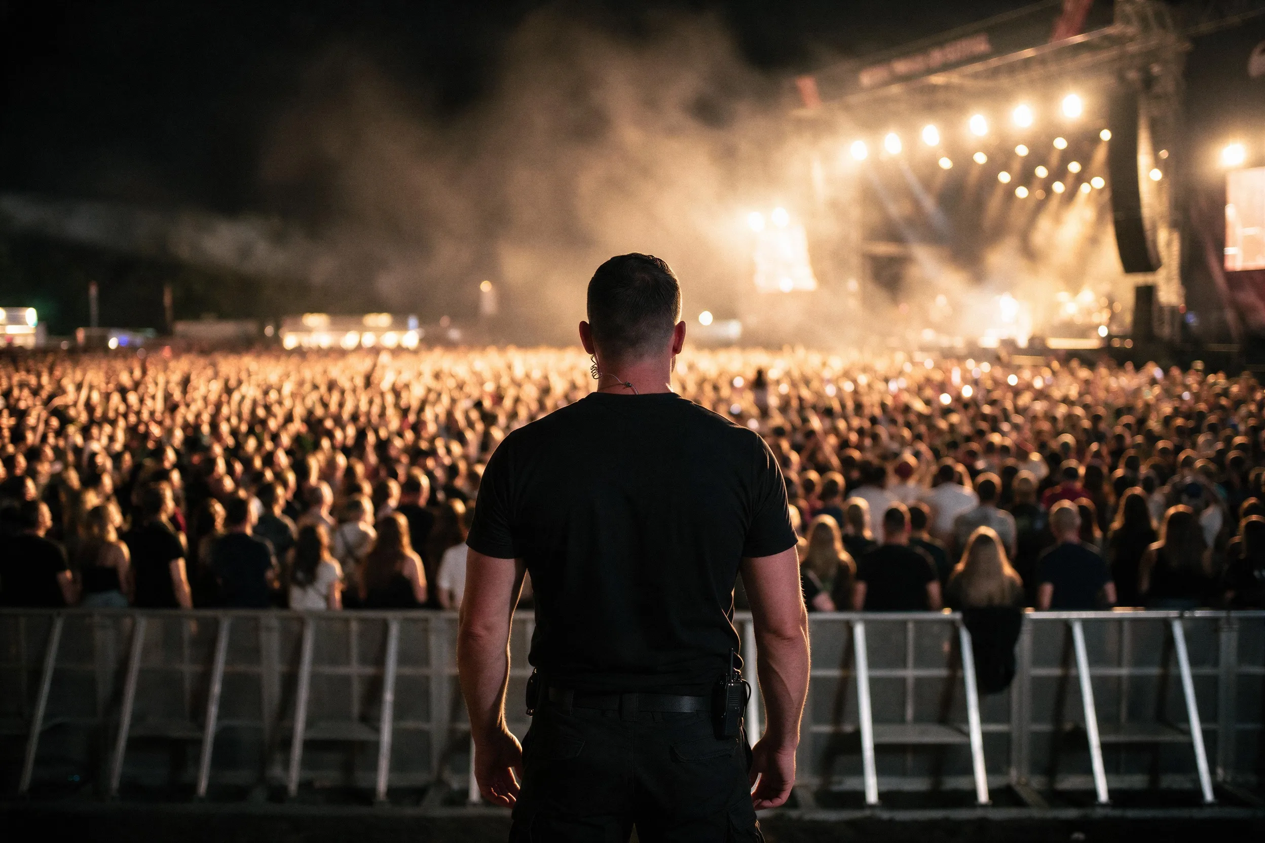 Sicherheitsmitarbeiter in schwarzer Einsatzkleidung mit Funkgerät vor der Menge eines Open-Air-Großevents bei Nacht